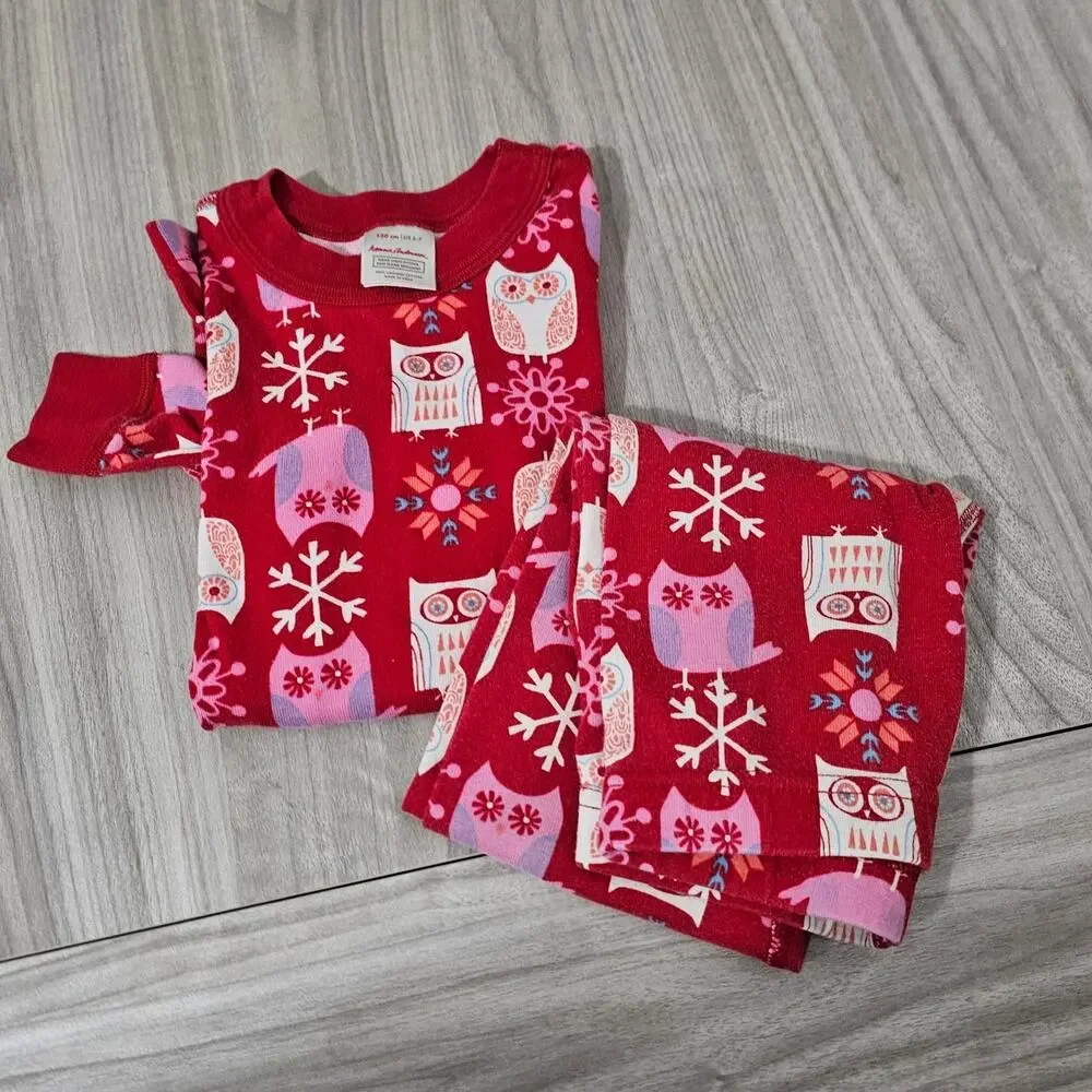 Hanna Andersson Pajama Set Red White Snowflake Owl Christmas Long Sleeve